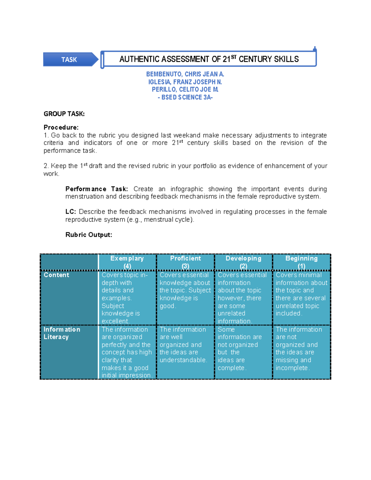 Authentic Assessment of 21st Century Skills: Group Task BSED - Studocu