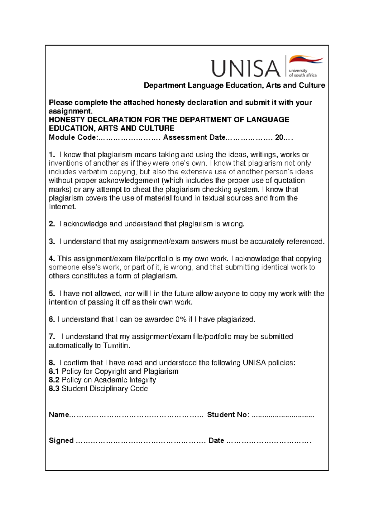 Honesty Declaration for Language Education, Arts & Culture Module - Studocu