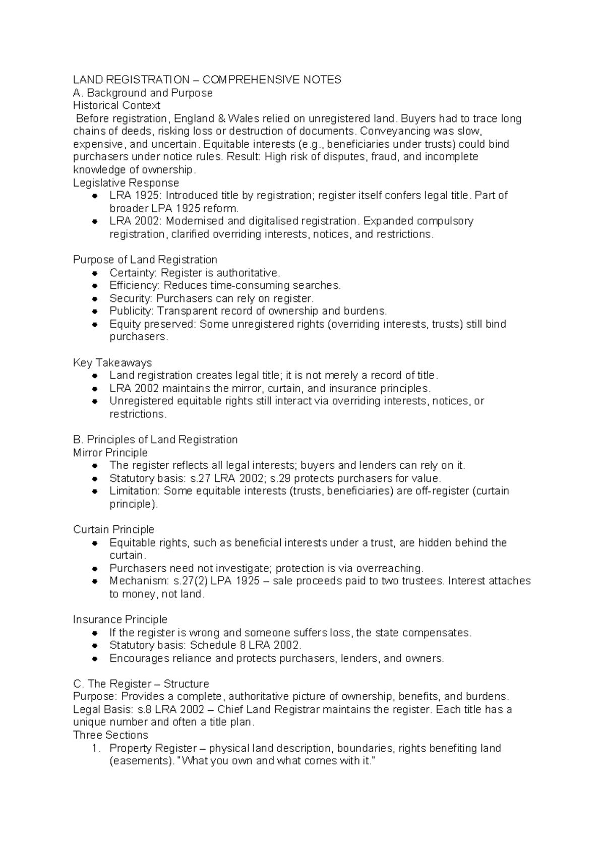 Land Law (LAW101) Topic 2: Comprehensive Notes on Land Registration ...