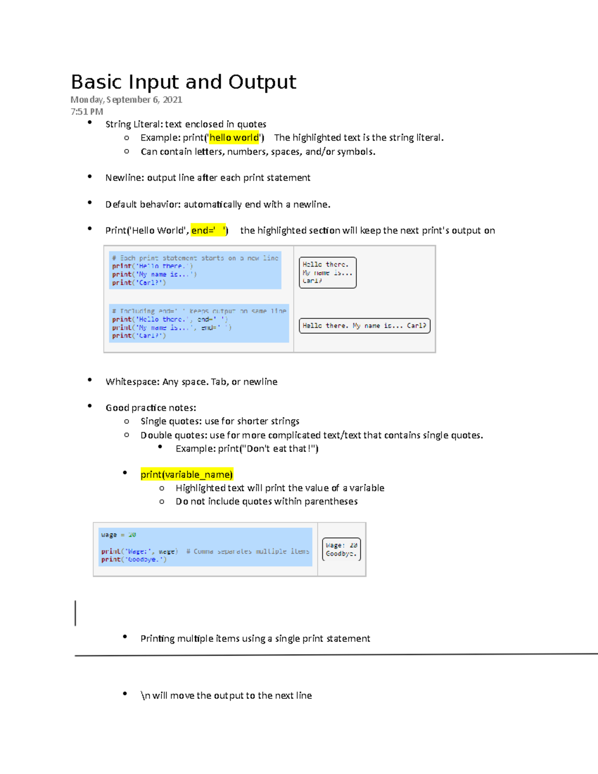 Basic Input and Output - Basic Input and Output Monday, September 6 ...