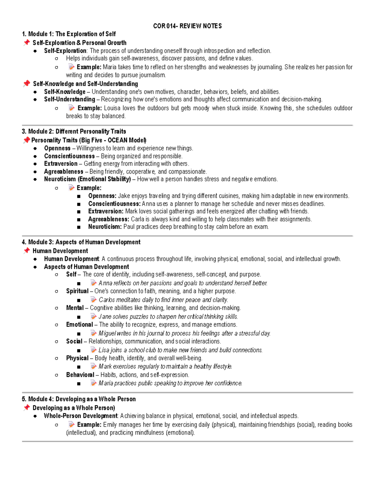 COR 014 Final Review Notes on Self-Exploration and Development - Studocu