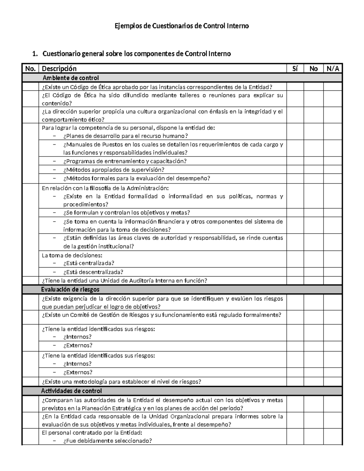 Ejemplos de Cuestionarios de Control Interno para Auditoría Interna ...