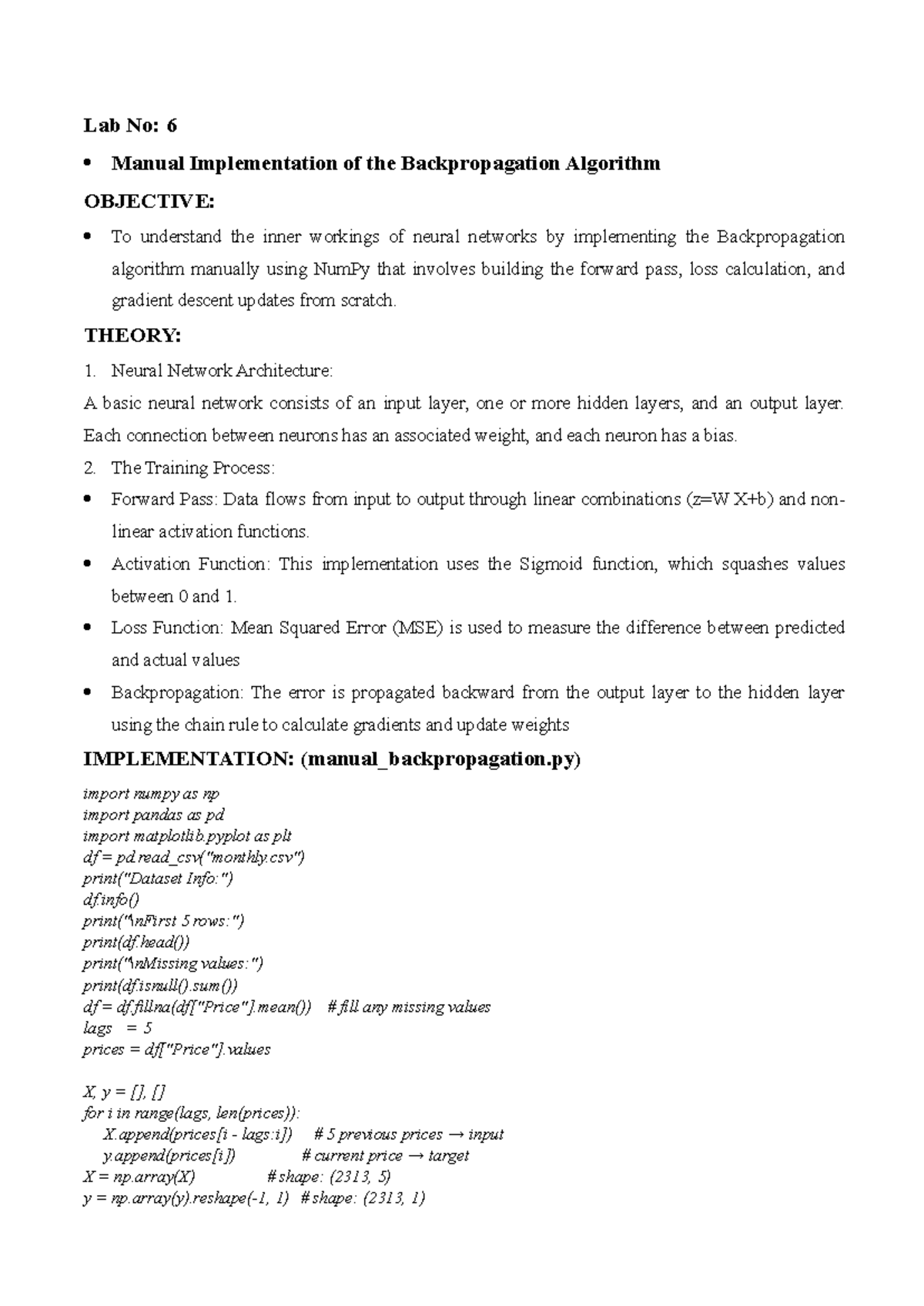 Lab No: 6 Backpropagation Algorithm Implementation in NumPy - Studocu