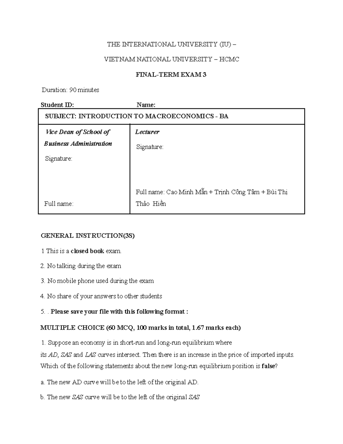 Macro - Final Exam MCQ - Introduction to Macroeconomics BA - Studocu