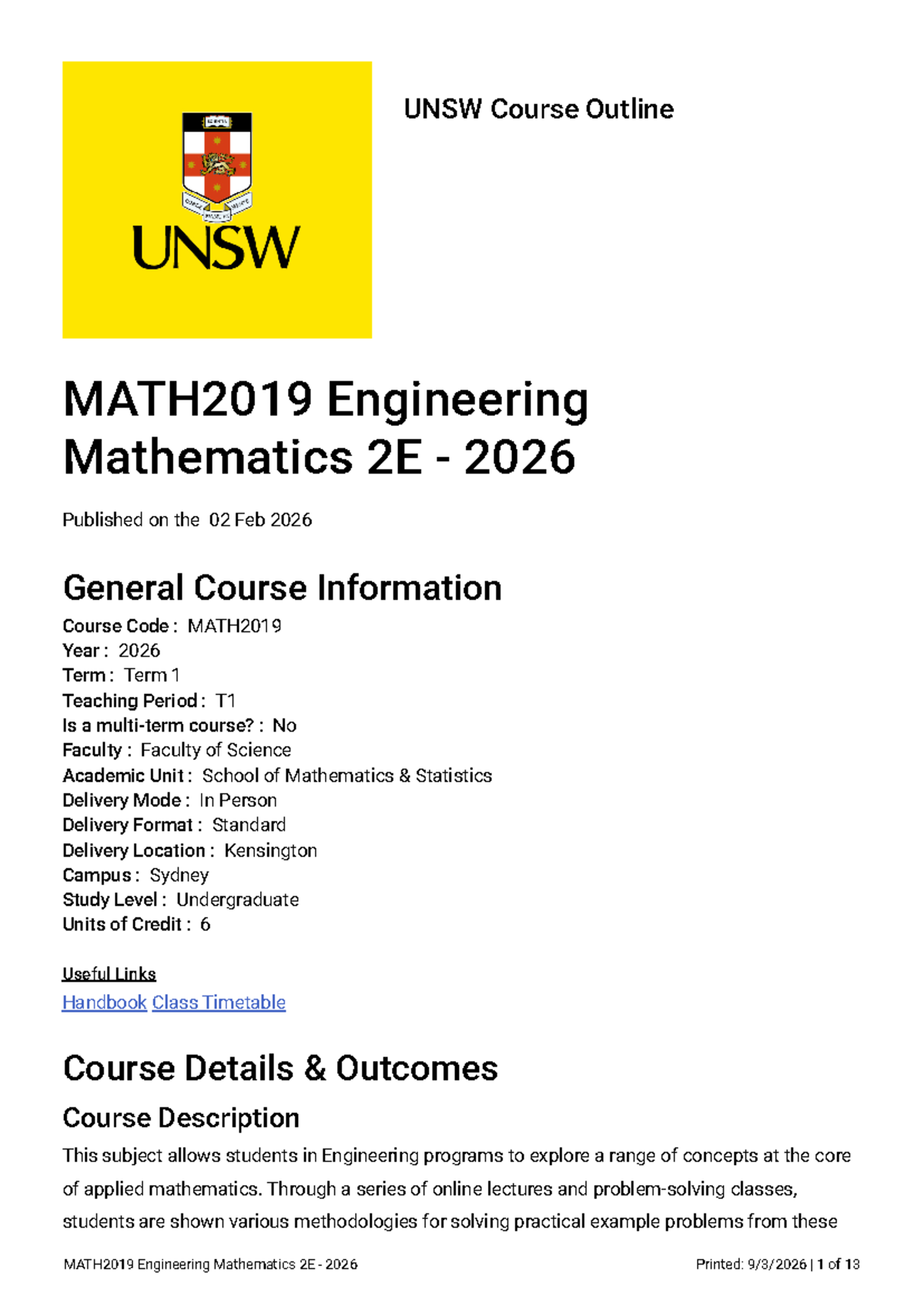 MATH2019 Engineering Mathematics 2E Course Outline - Term 1, 2026 - Studocu