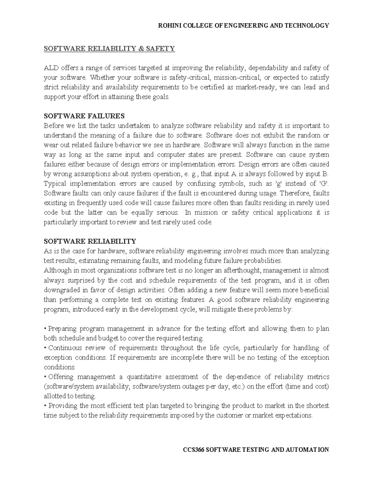 Reliability versus safty - SOFTWARE RELIABILITY & SAFETY ALD offers a ...