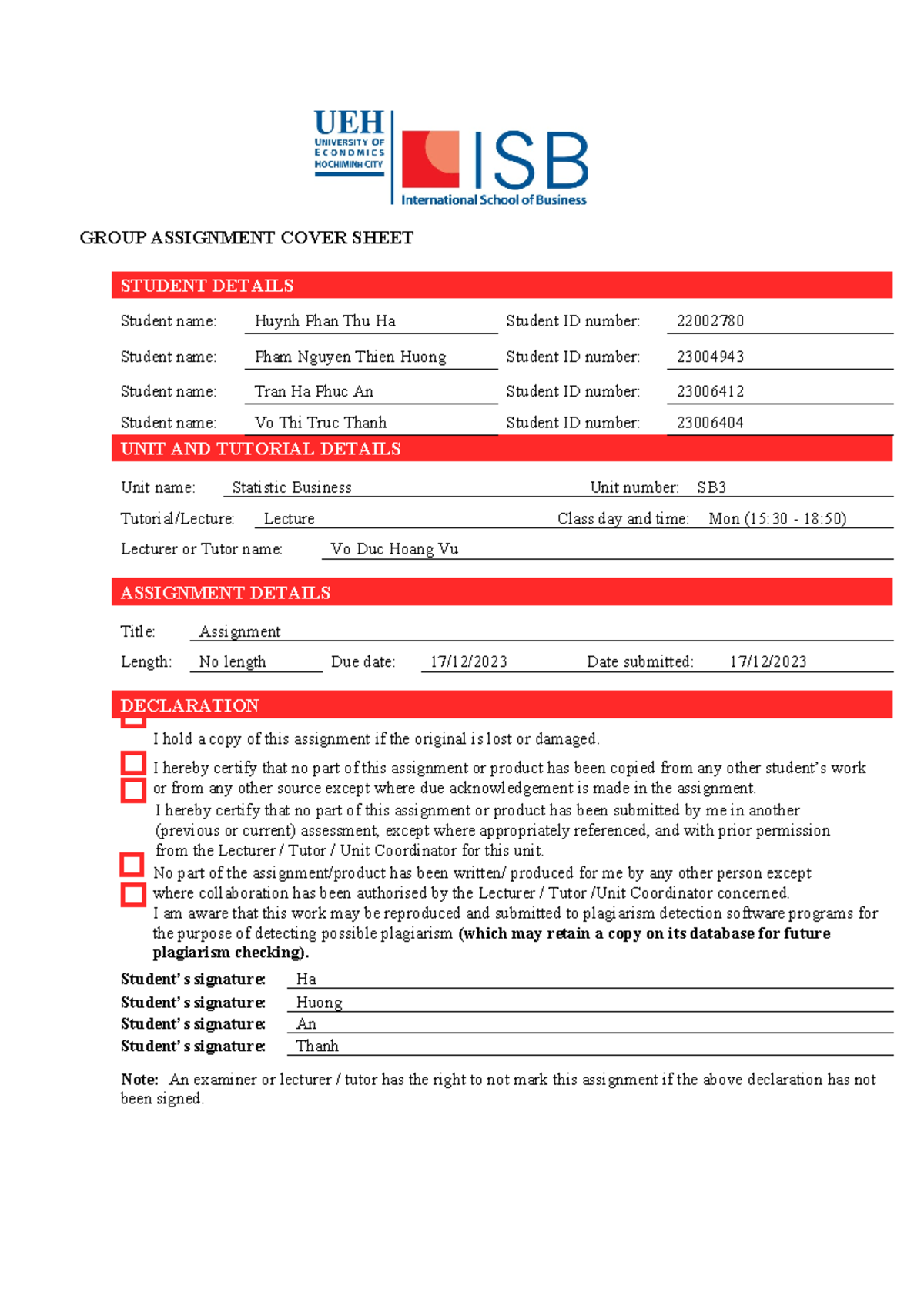SB-assignment - dgsadf - GROUP ASSIGNMENT COVER SHEET STUDENT DETAILS ...