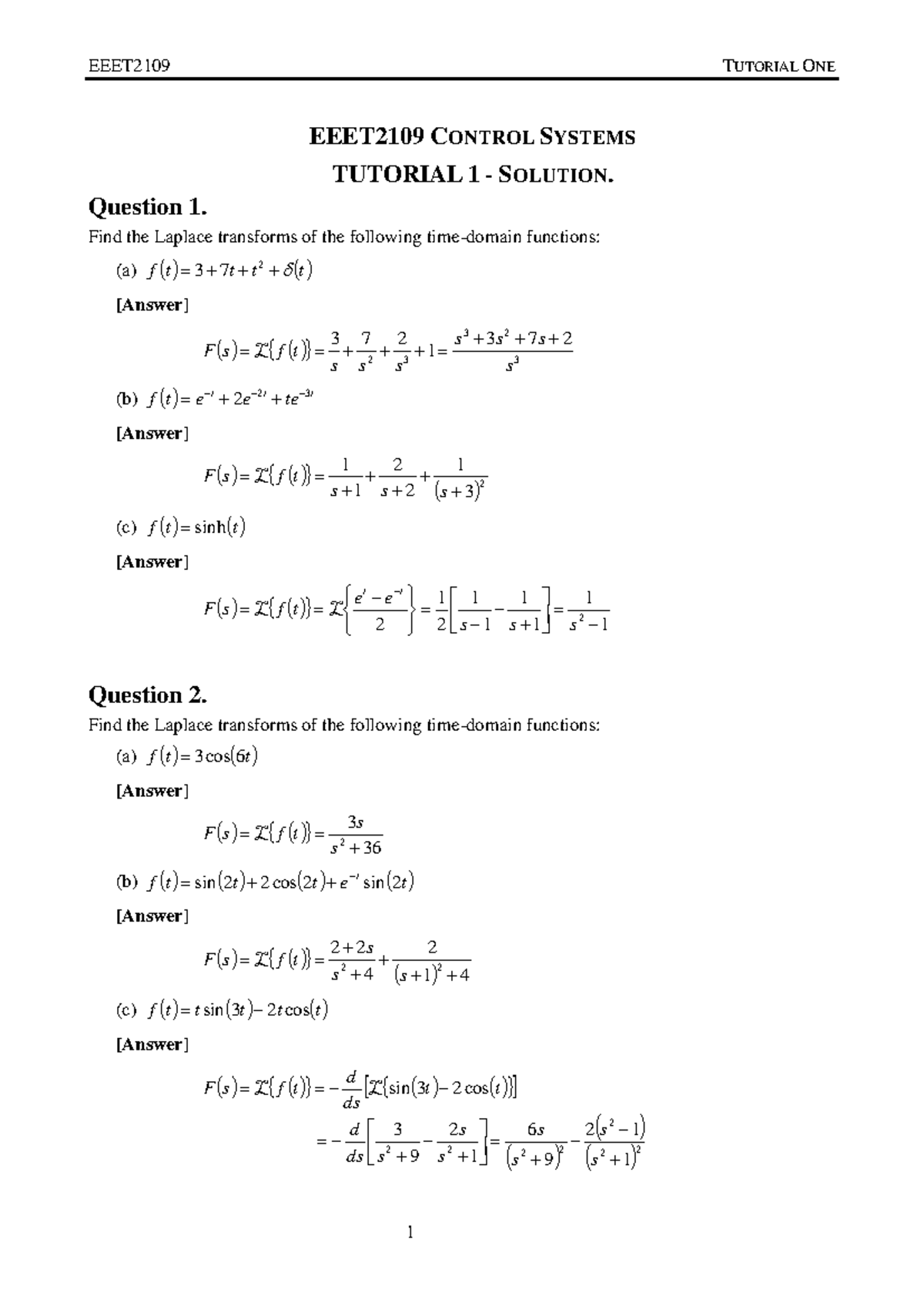 EEET2109 Tute1 Soln - Detailed Solutions for Tutorial 1 - Studocu