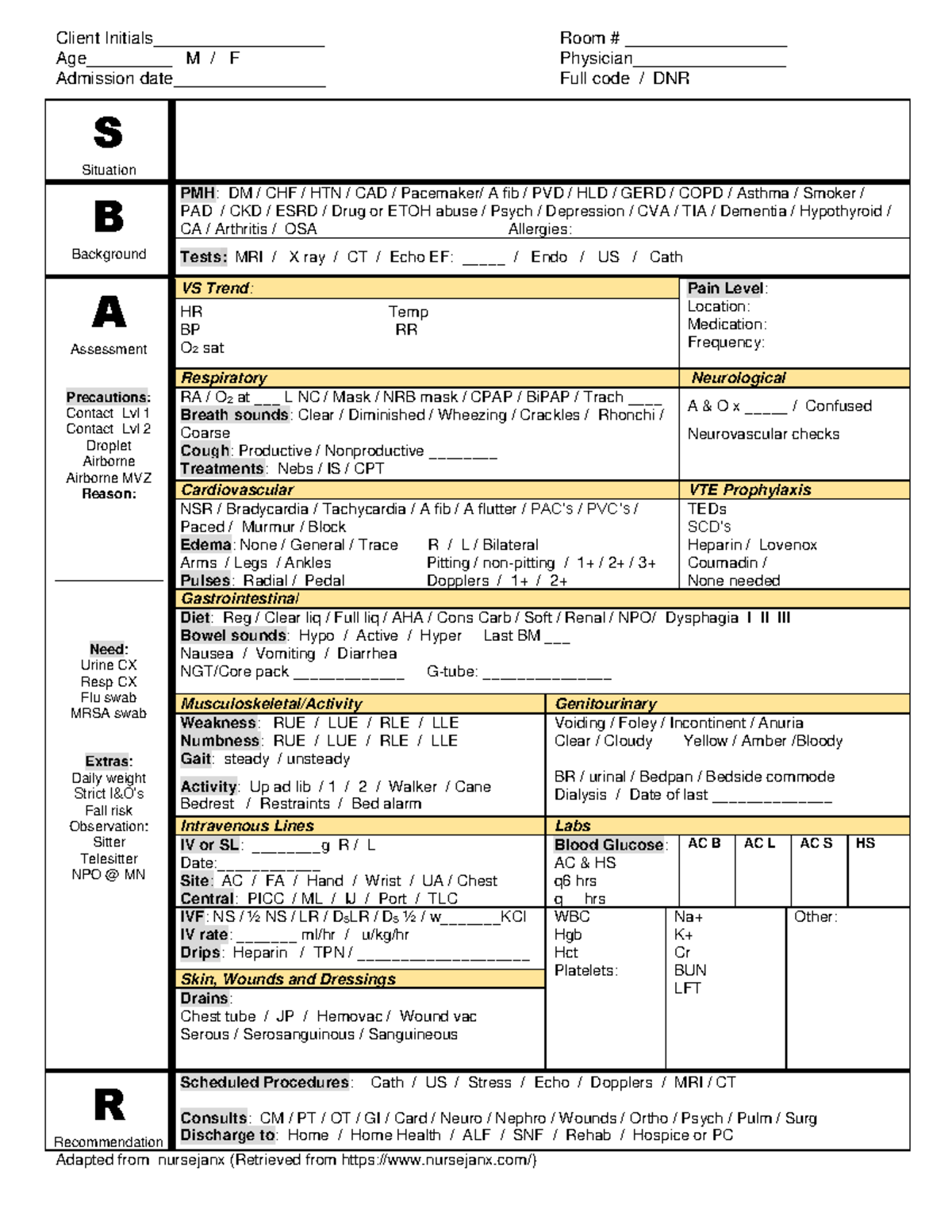 SBAR Report Sheet for Client M F Admission: Full Code DNR Situation ...
