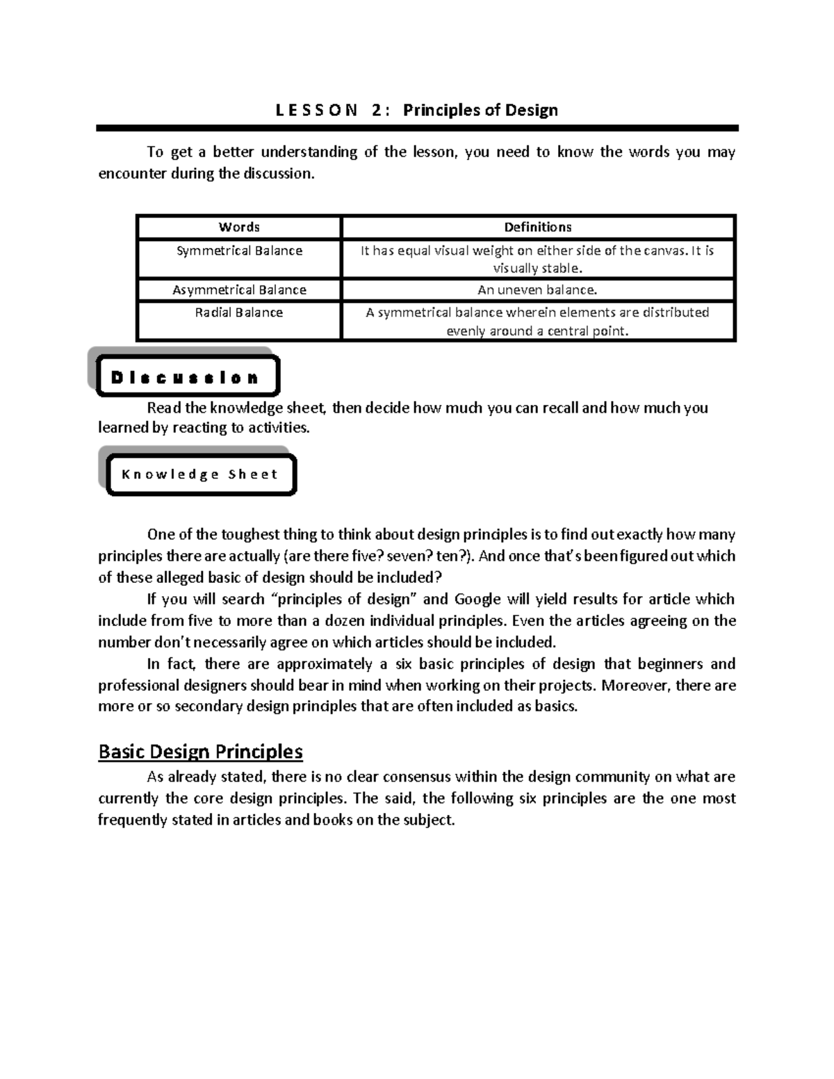 Lesson 2 - Principles of Design - L E S S O N 2 : Principles of Design ...