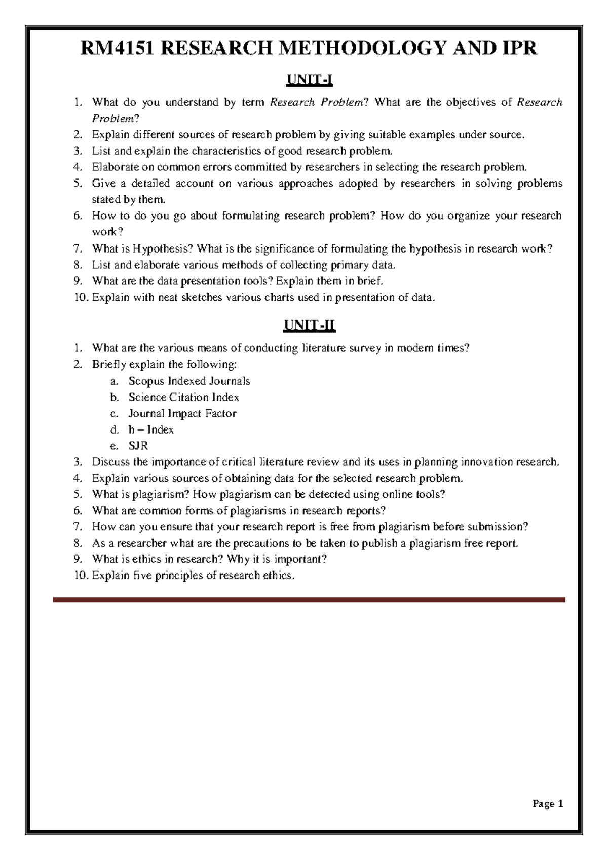 R M & IPR - Page 1 RM4151 RESEARCH METHODOLOGY AND IPR UNIT-I What do ...