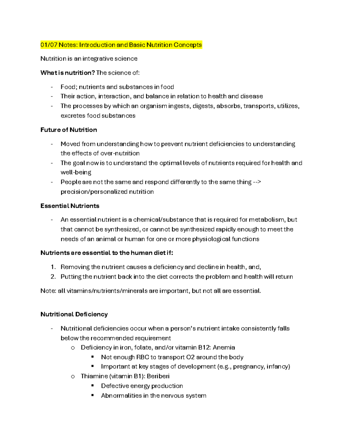 WEEK 1 Notes - 01/07 Notes: Introduction and Basic Nutrition Concepts ...