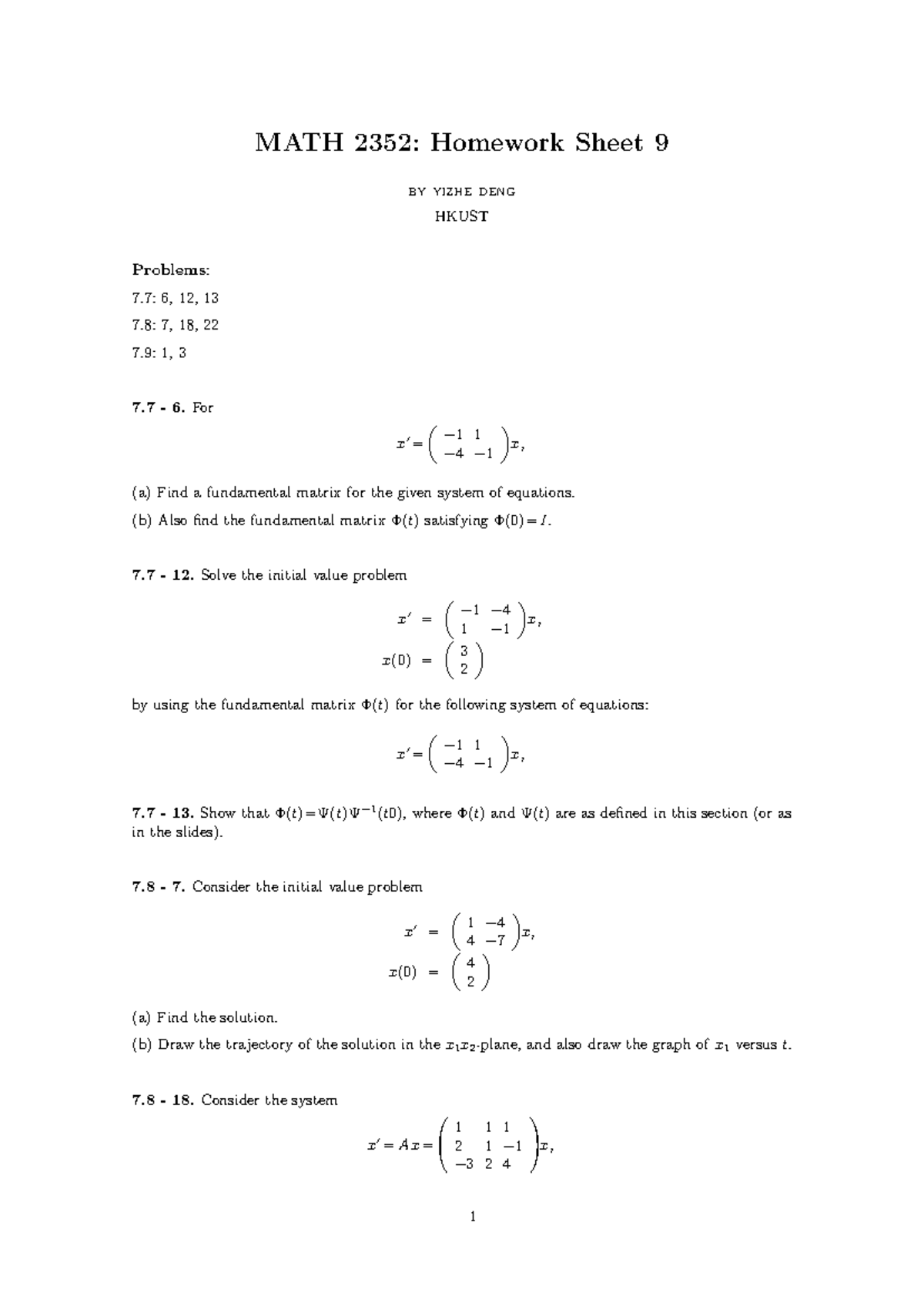 HW9 - Prof. WU, Lixin - MATH 2352: Homework Sheet 9 yizhe deng HKUST ...