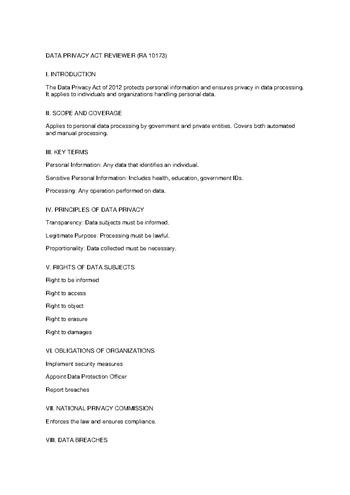 DATA PRIVACY ACT REVIEWER (RA 10173) - Key Principles & Rights - Studocu