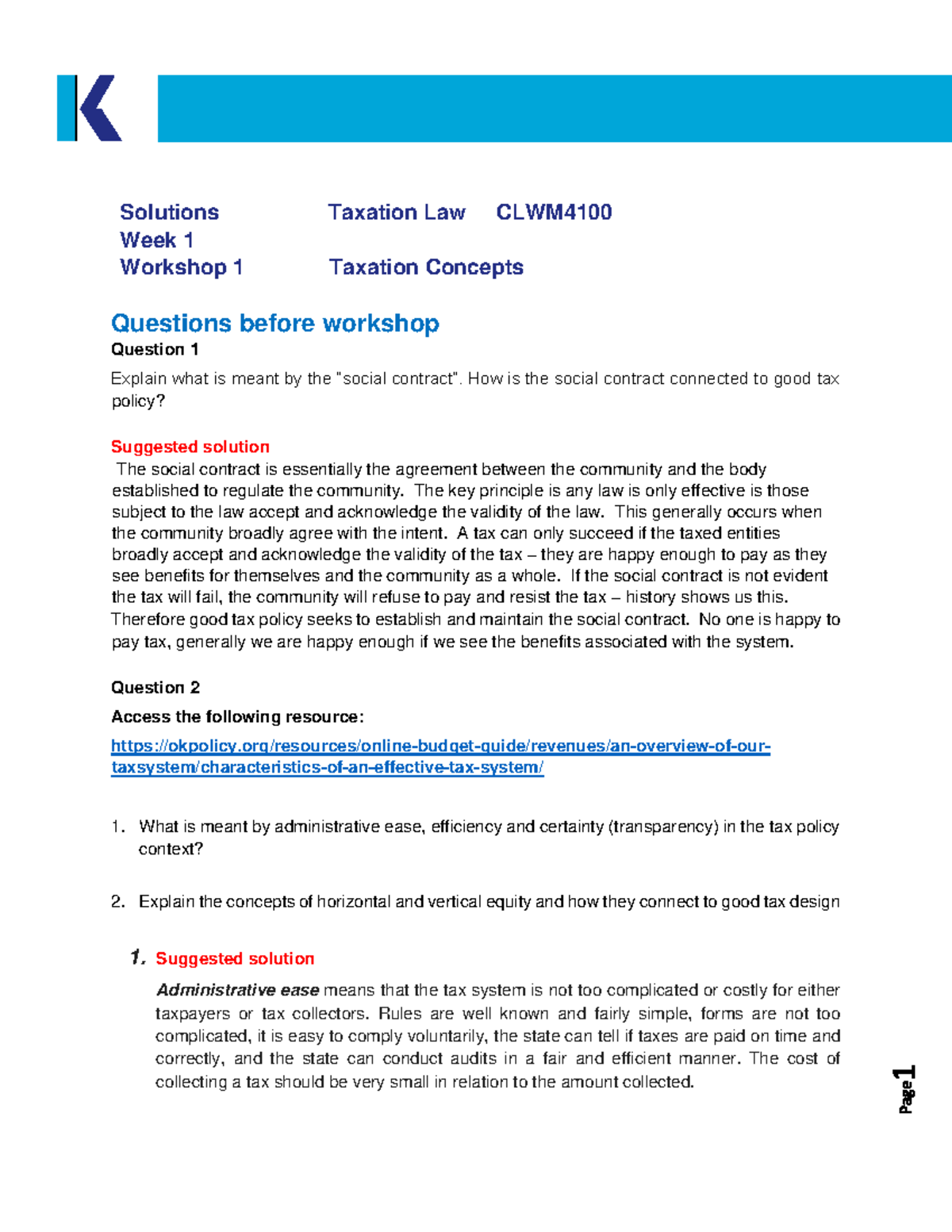 Taxation Law Tutorial Solution Week 01 - Week 1 Workshop 1 Taxation ...