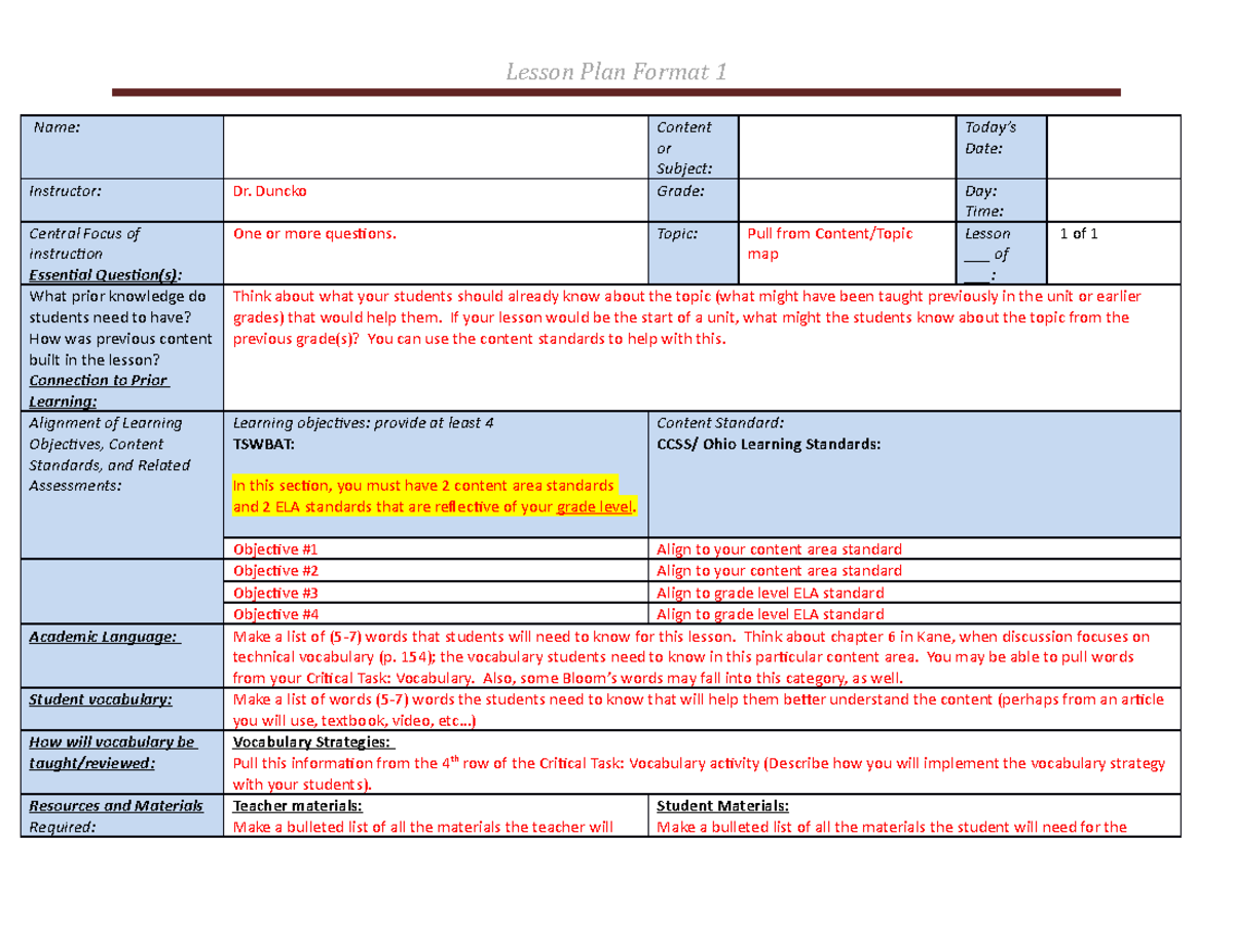 Lesson Plan Format Directions for Final Draft (EDU 301) - Studocu