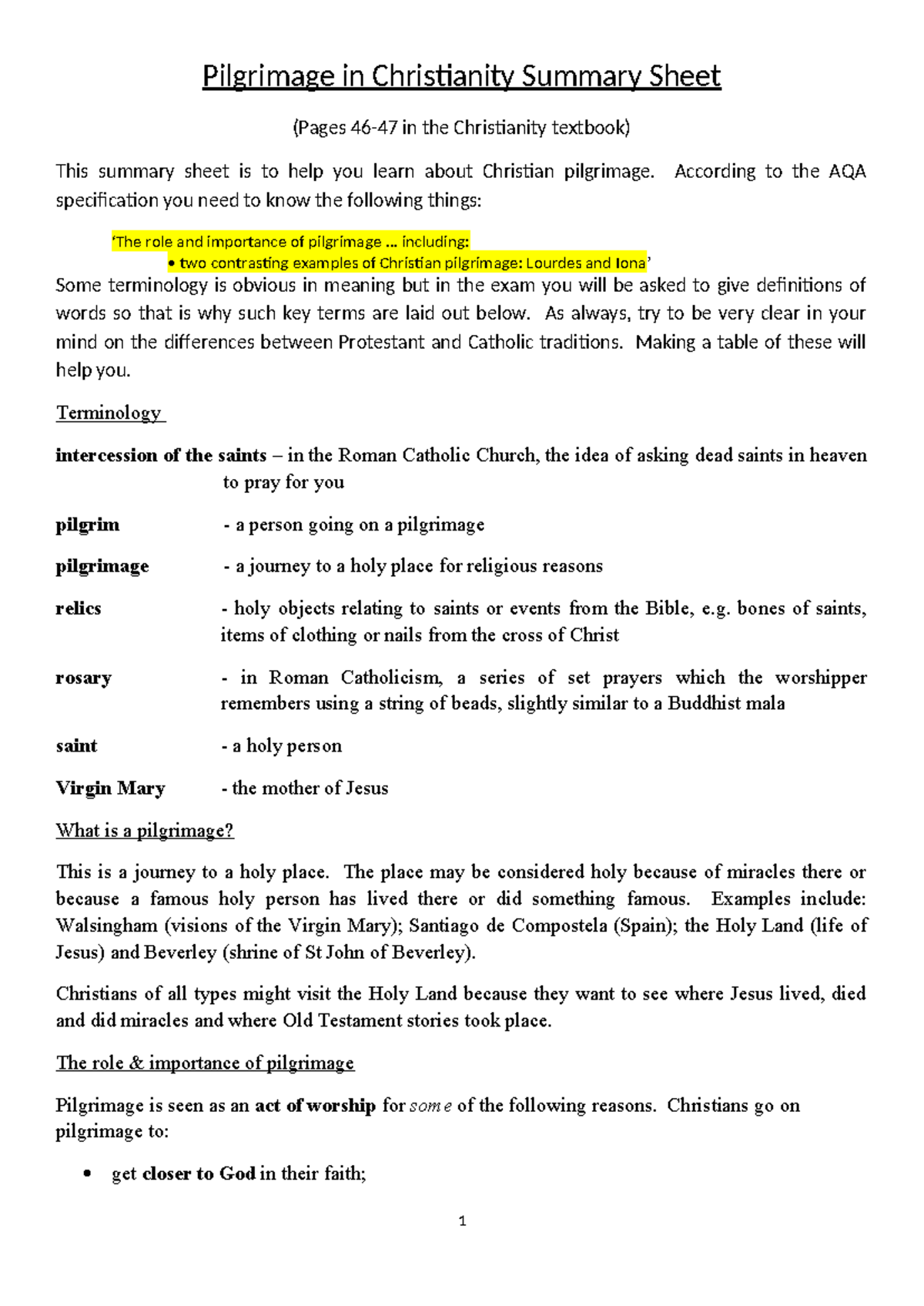 Pilgrimage in Christianity: Key Concepts & Examples (AQA) - Studocu