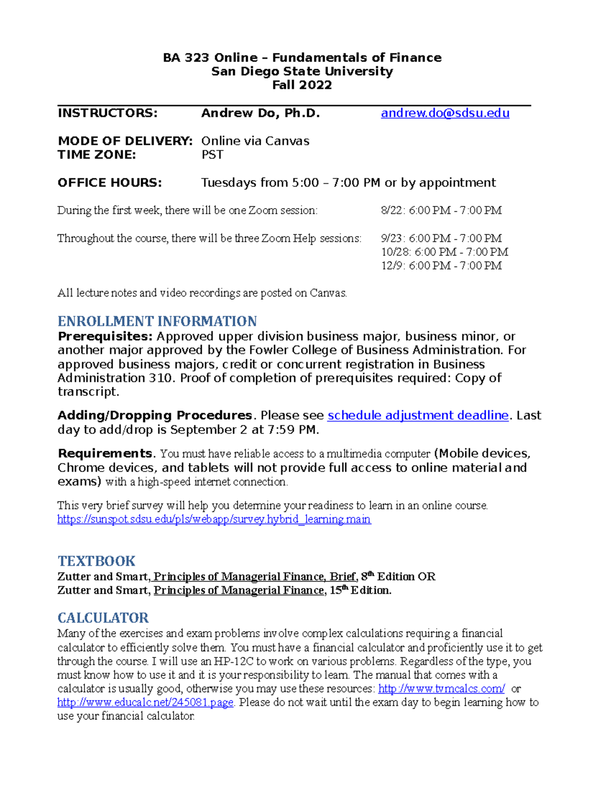BA 323 Online Syllabus: Fundamentals of Finance for Fall 2022 - Studocu