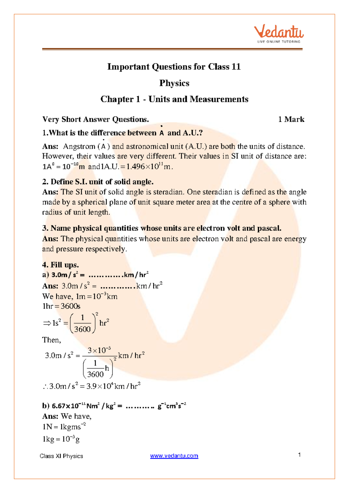 CBSE Class 11 Physics Chapter 1 - Units and Measurement Important ...