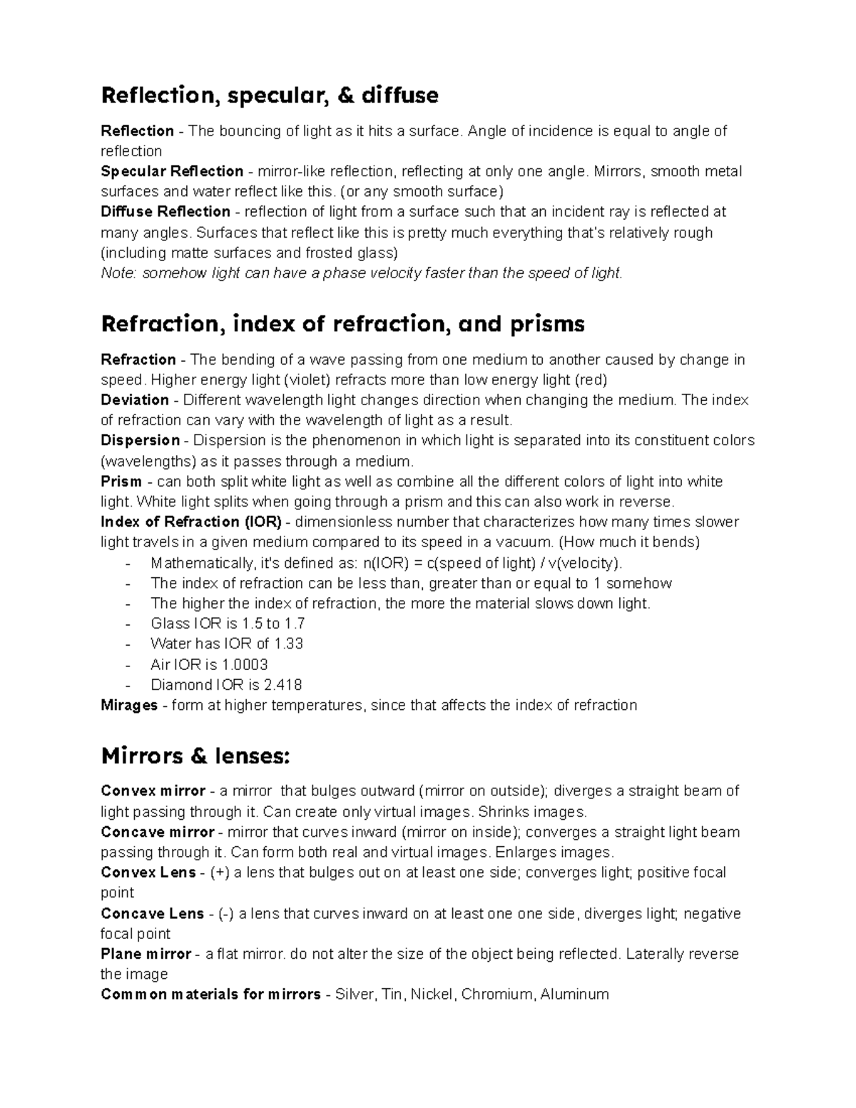 2024 Optics Notes - Reflection, specular, & diffuse Reflection - The ...