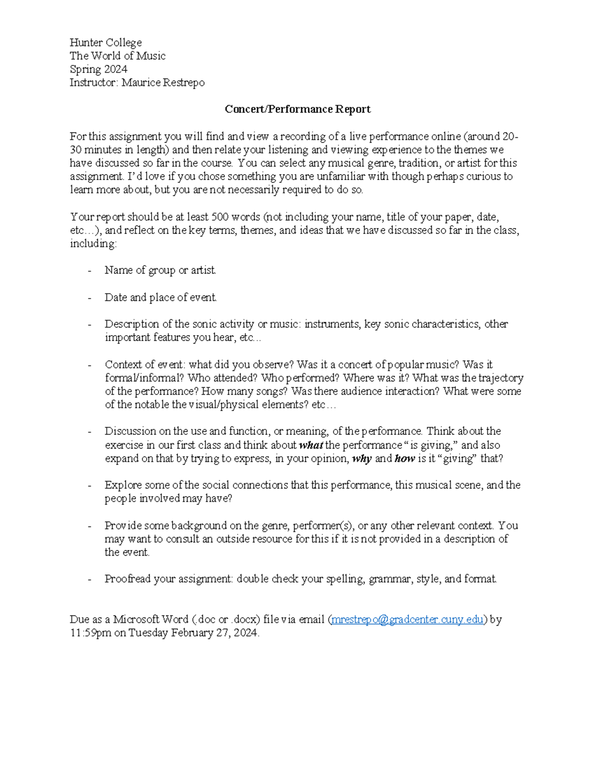 Concert/Performance Report for MUS 202 - Spring 2024 - Studocu