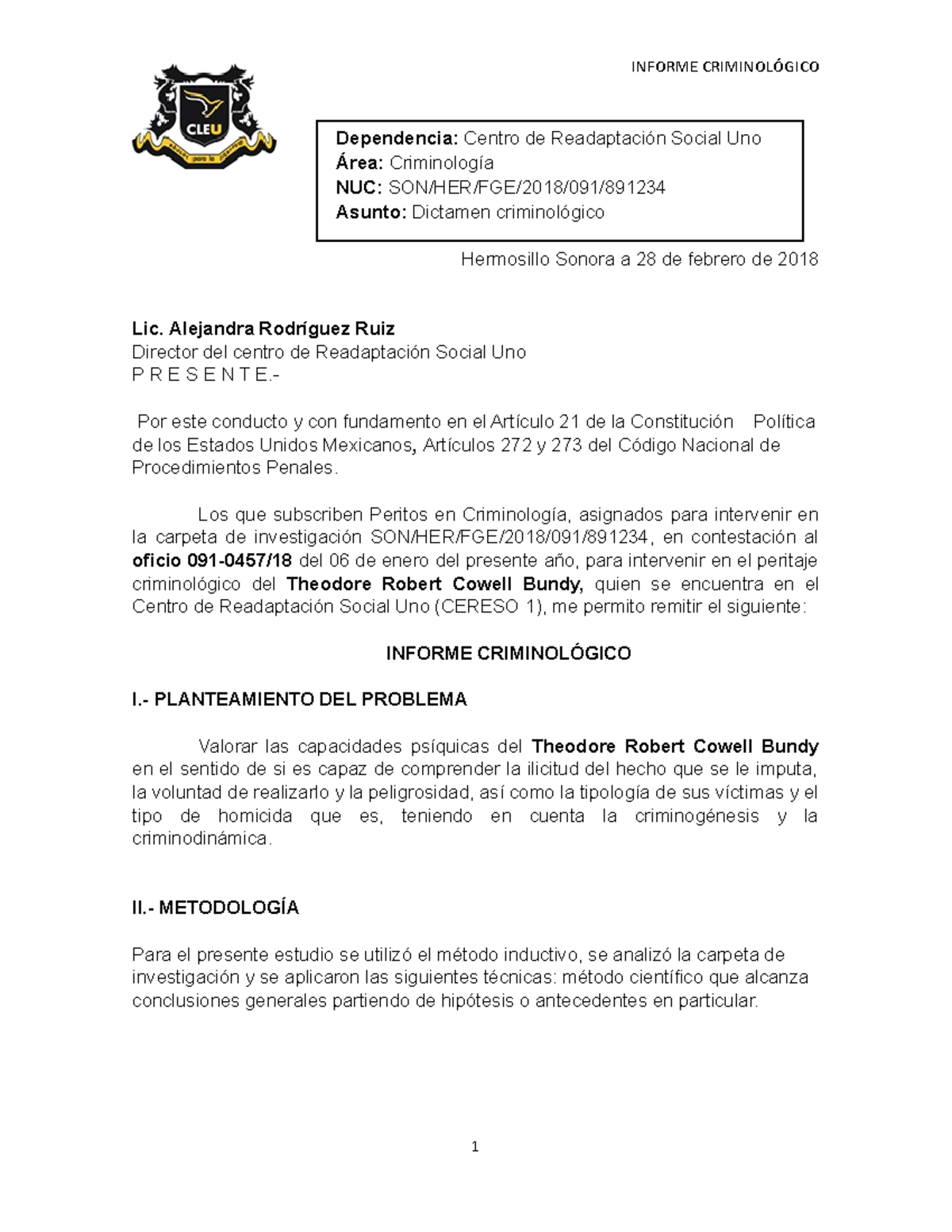 Informe Criminológico de Theodore R. Bundy - Análisis y Conclusiones ...