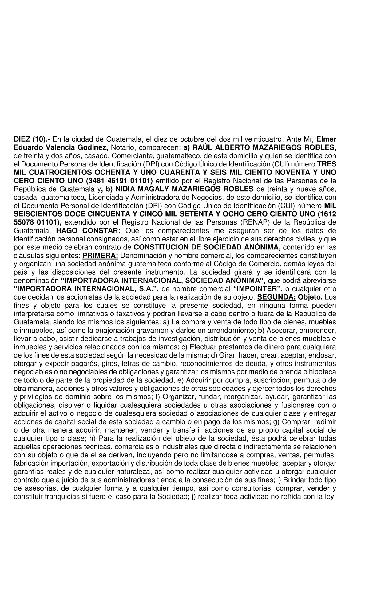 Acta de Constitución de Sociedad Anónima - Importadora Internacional S.A. - Document Preview