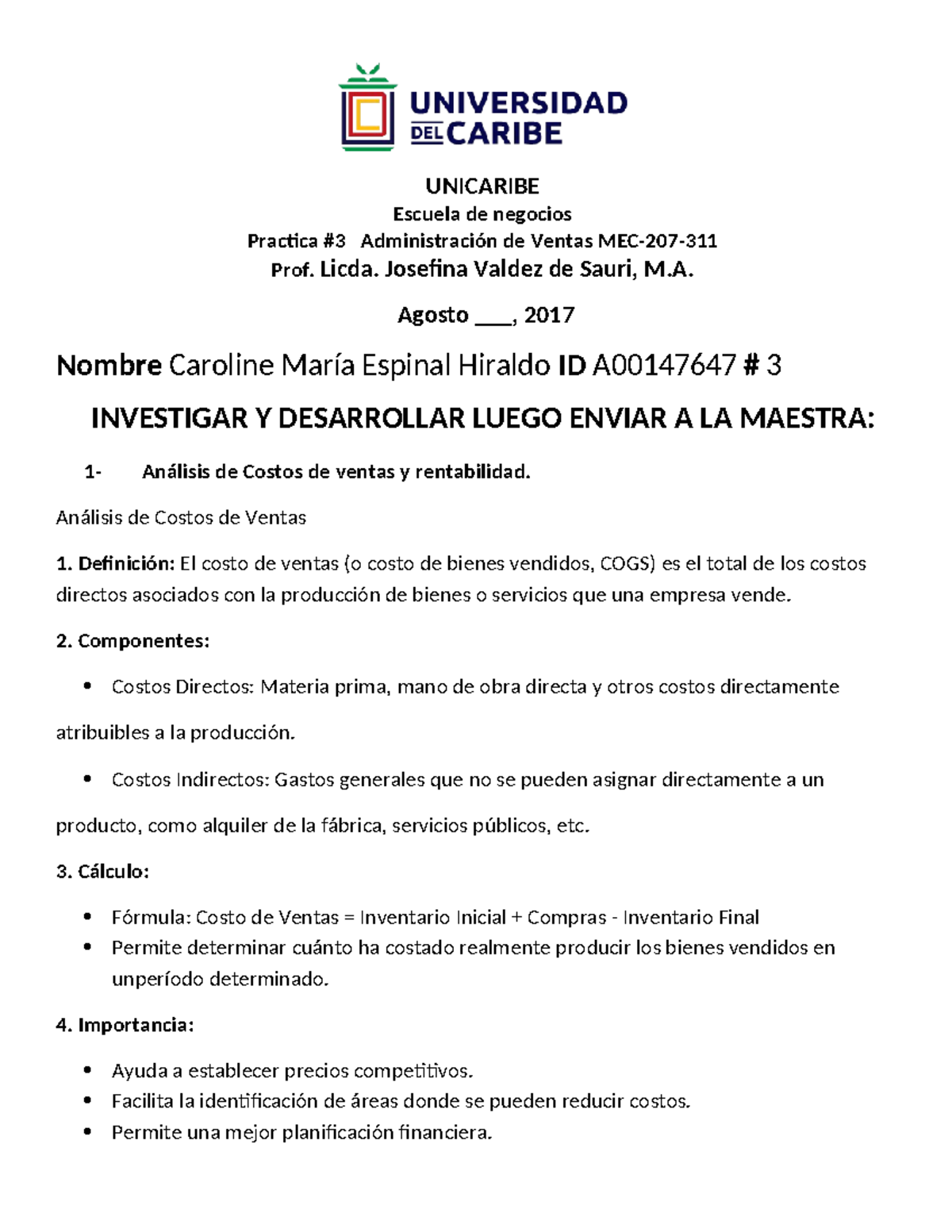 Práctica #3 de Análisis de Costos y Rentabilidad en Ventas MEC-207 ...