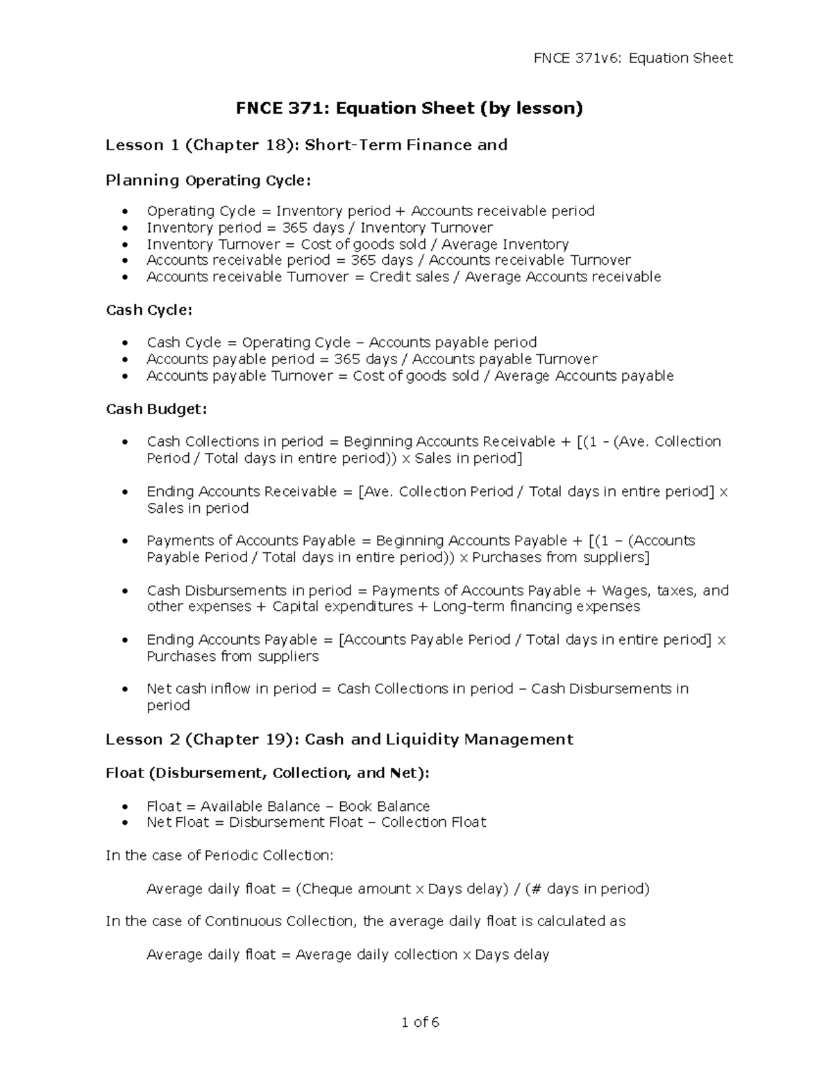 FNCE 371v6 Equation Sheet by Lesson - FNCE 371: Equation Sheet (by ...