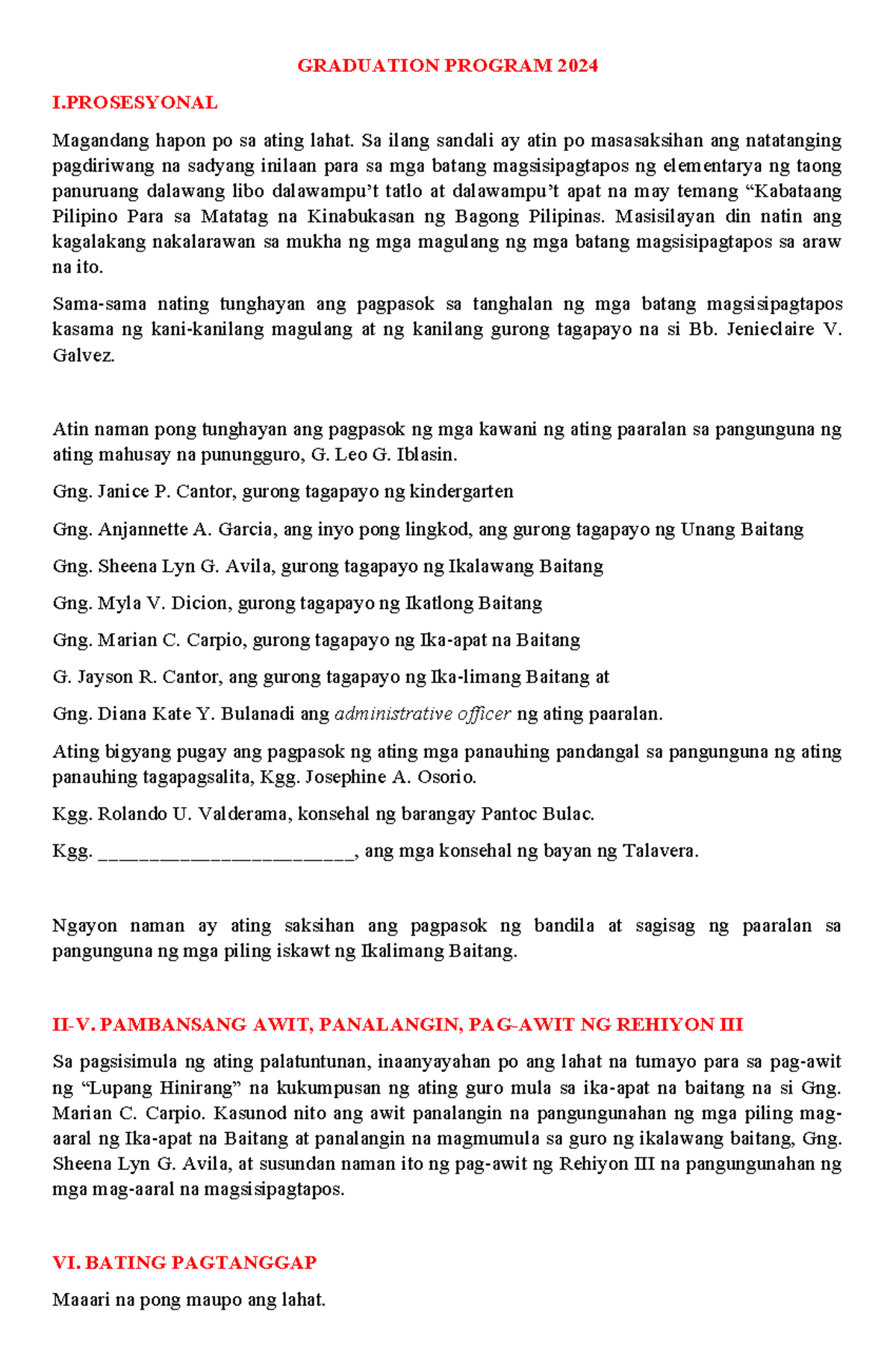 Graduation Program 2024: Pagsasara ng Elementarya - Studocu