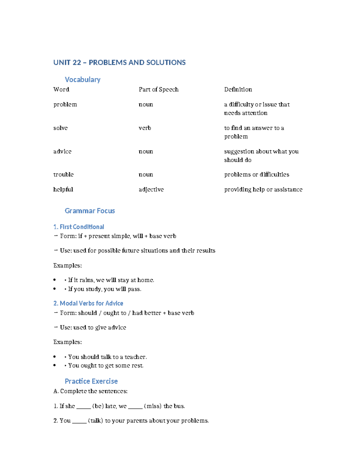 Destination B1 Unit 22: Problems & Solutions Vocabulary and Grammar ...
