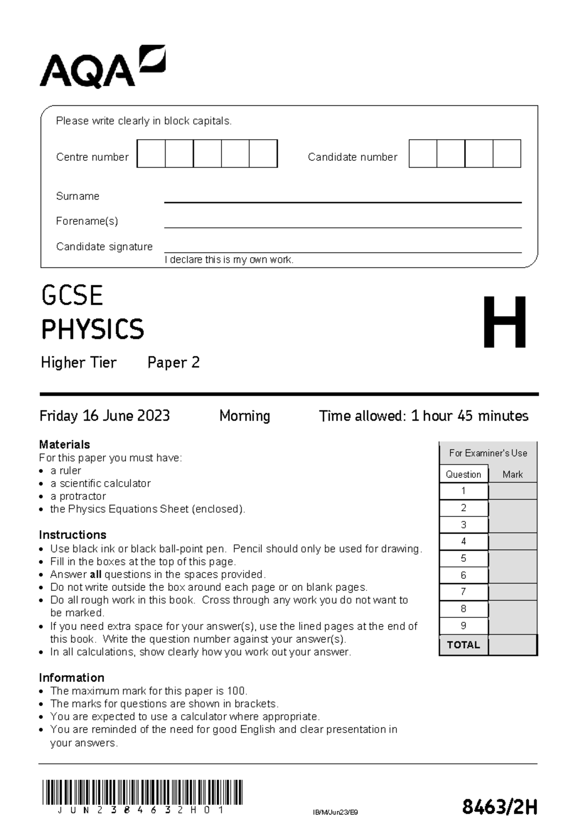 GCSE PHYSICS H Tier Paper 2 Practice - AP1 YR 11 Exam Prep - Studocu
