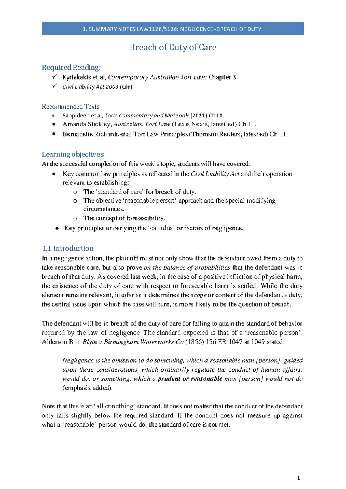 3. Summary Notes on Breach of Duty in Negligence (LAWS2025) - Studocu