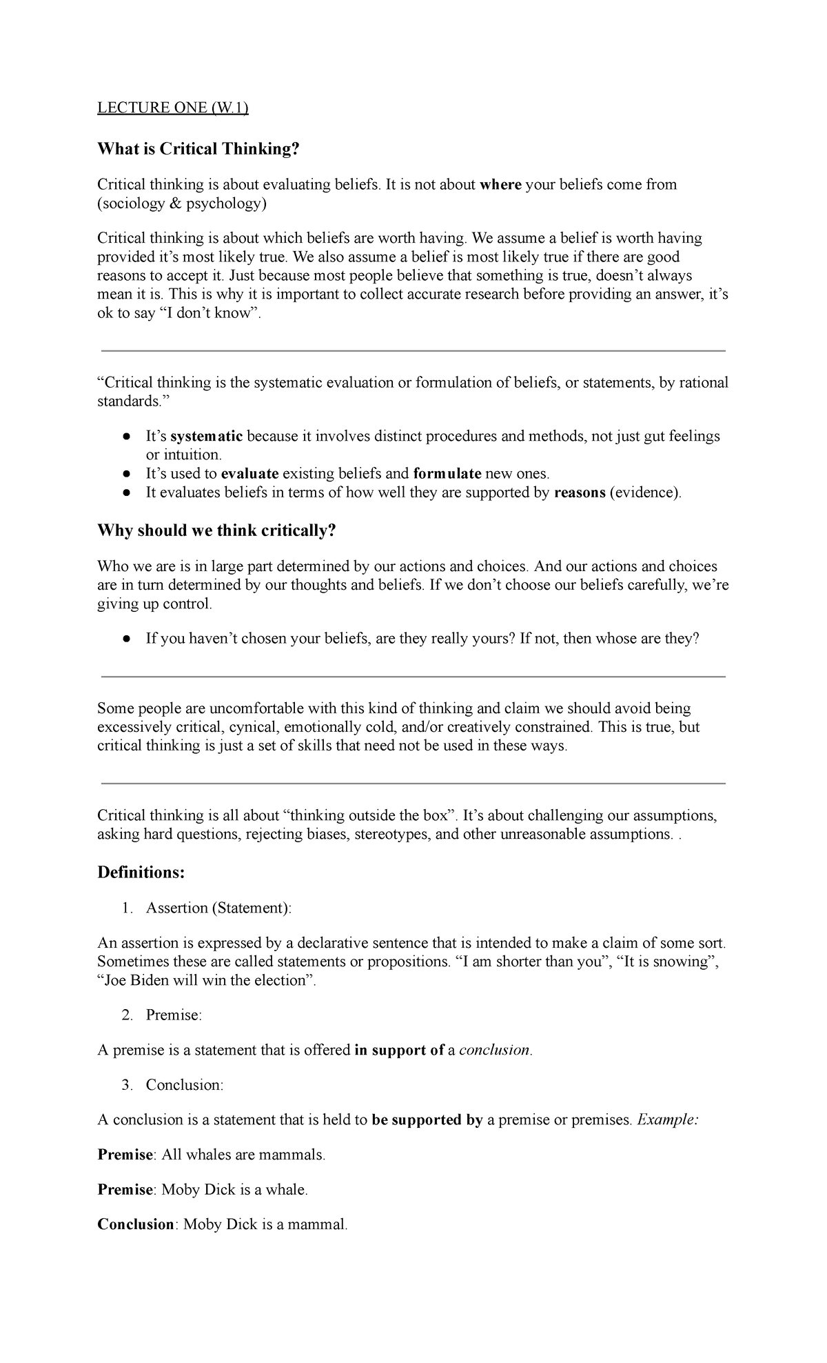 Critical Thinking Notes - LECTURE ONE (W) What is Critical Thinking ...