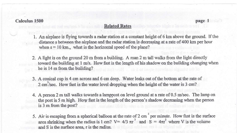 Calculus 1500: Related Rates Problems #2 for Practice - Studocu