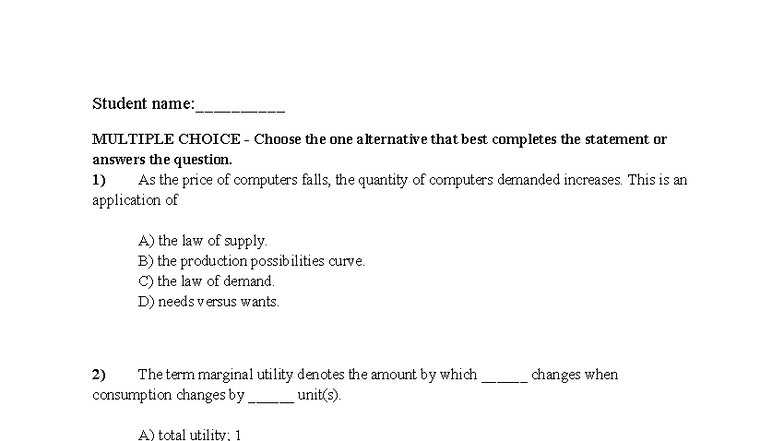 Chapter 5 Quiz (Version 1) - Economics Multiple Choice Questions - Studocu