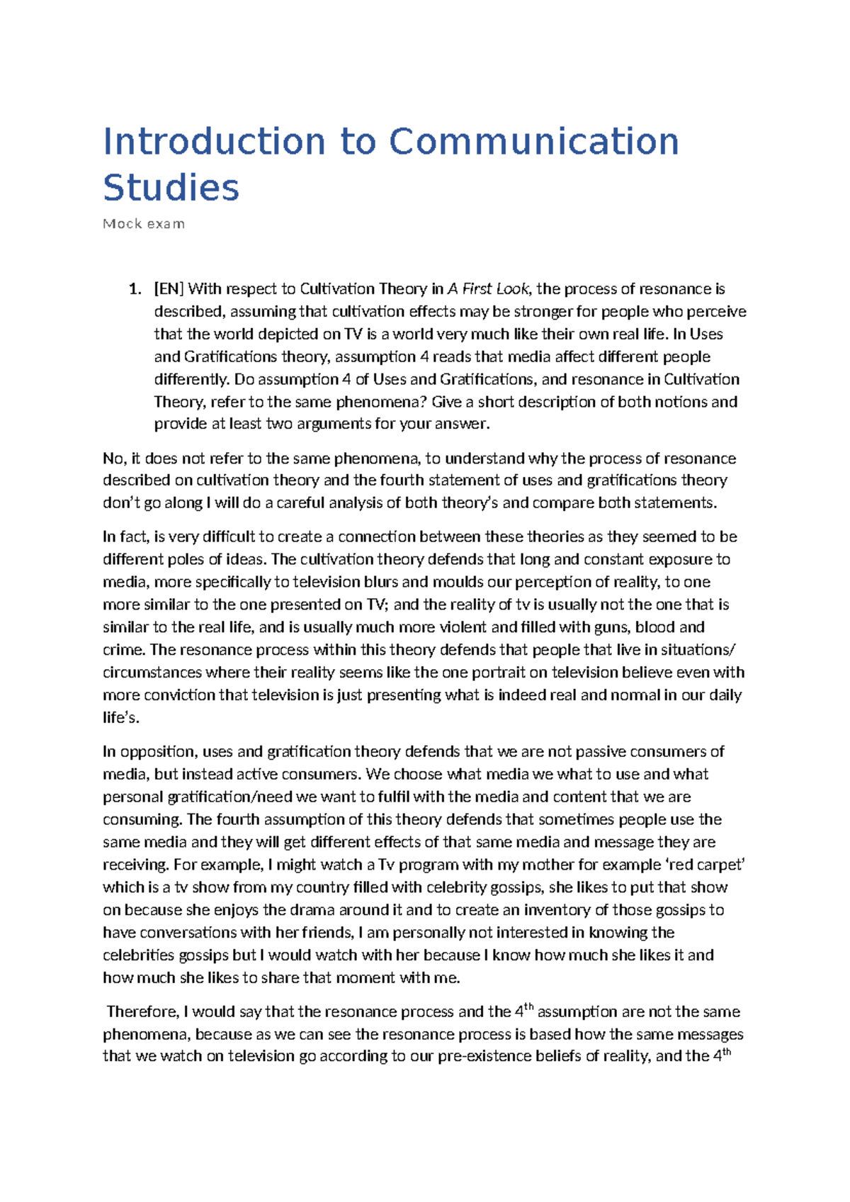Mock Exam 1: Communication Studies (CS101) - Theories & Concepts ...