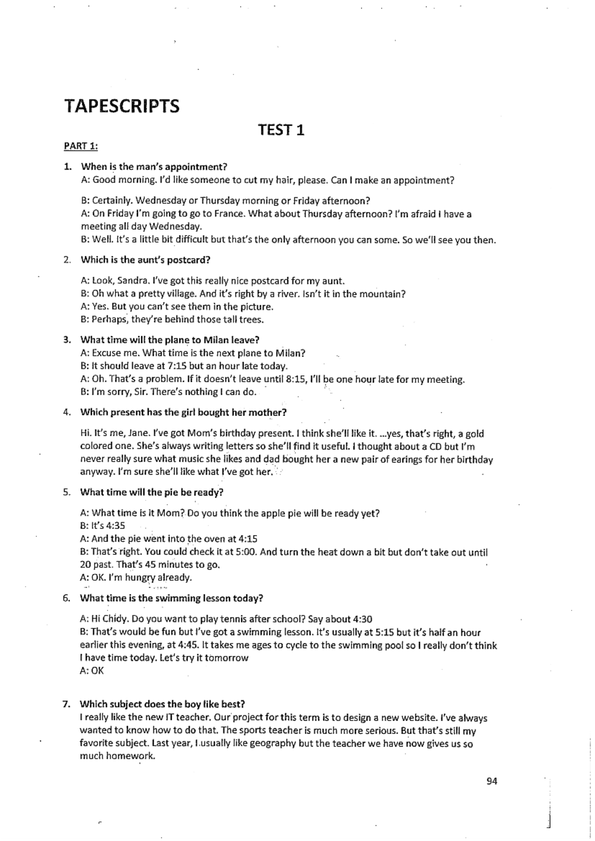 Listening Practice Test 1: Tapescripts and Conversations - Studocu