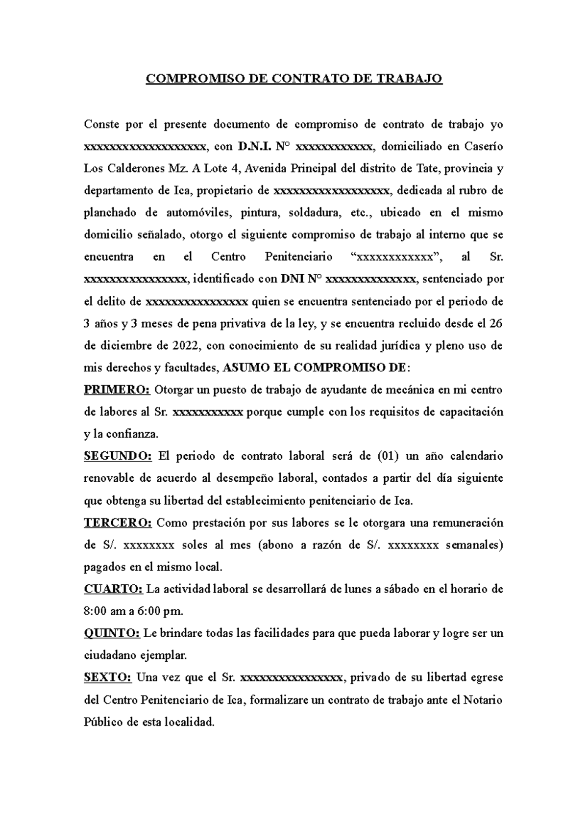 COMPROMISO DE CONTRATO DE TRABAJO A REO - DOCUMENTO LEGAL - Document Preview
