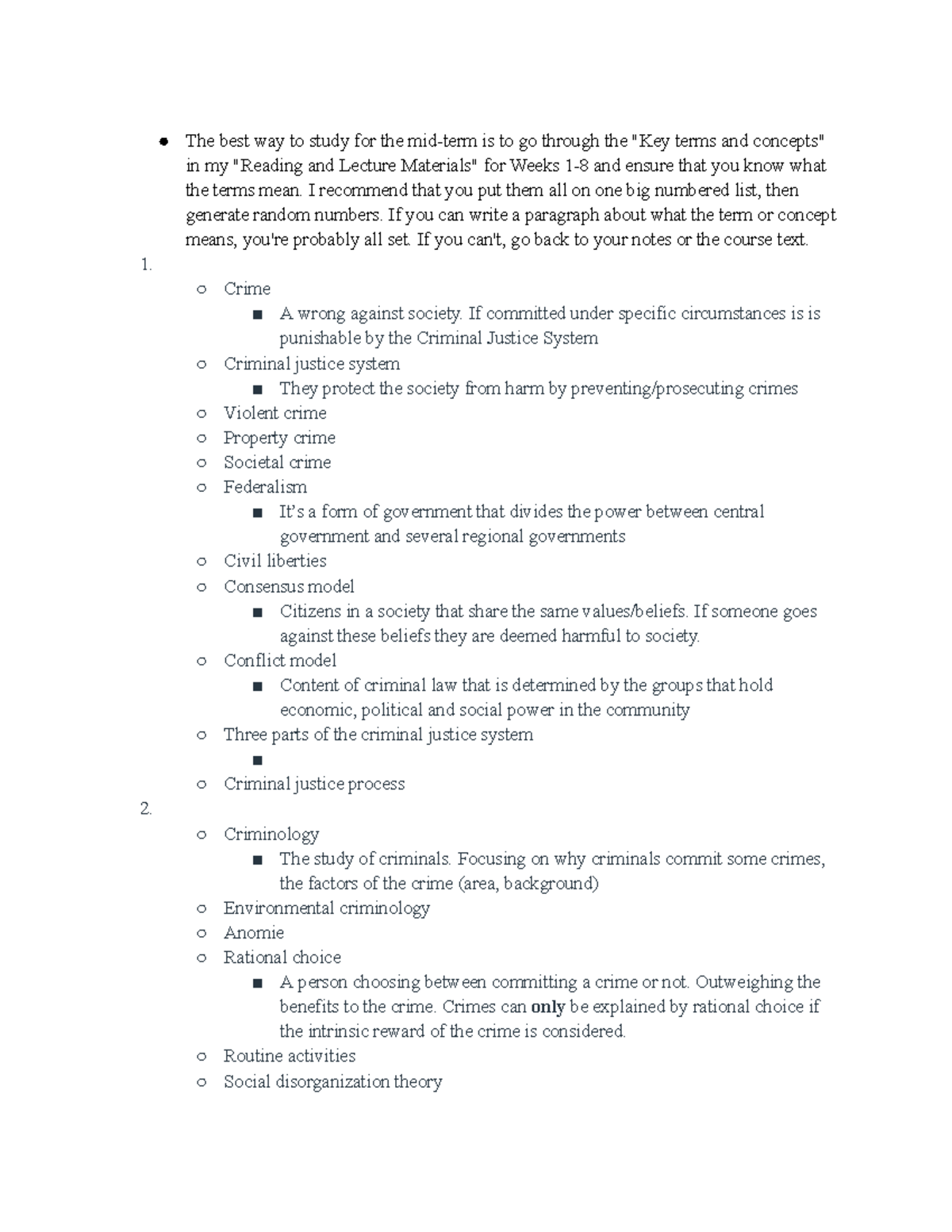 Criminal Justice (CJ 101) Mid-Term Study Guide: Key Terms & Concepts ...