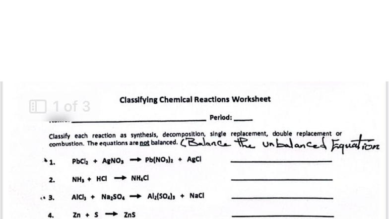 Classifying Chemical Reactions Worksheet (Chem 101) - Studocu