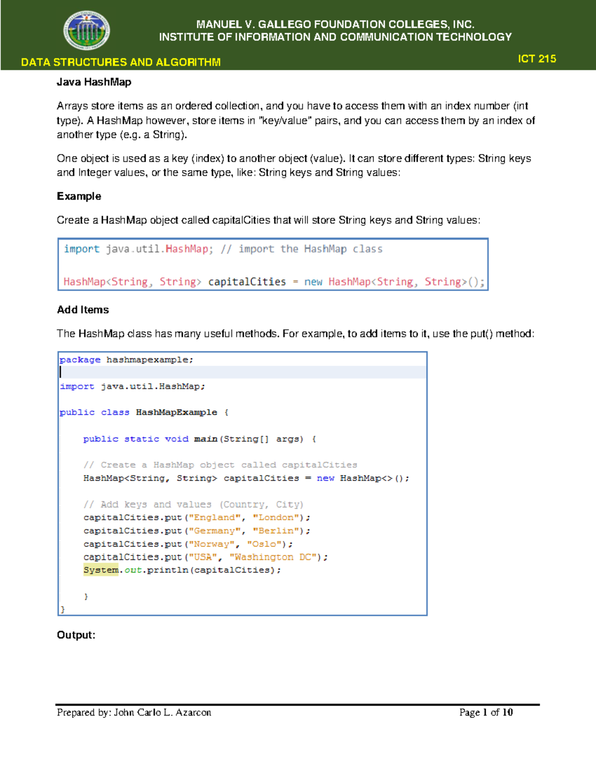 ICT 215 Data Structures & Algorithms: Java HashMap & HashSet Lecture ...