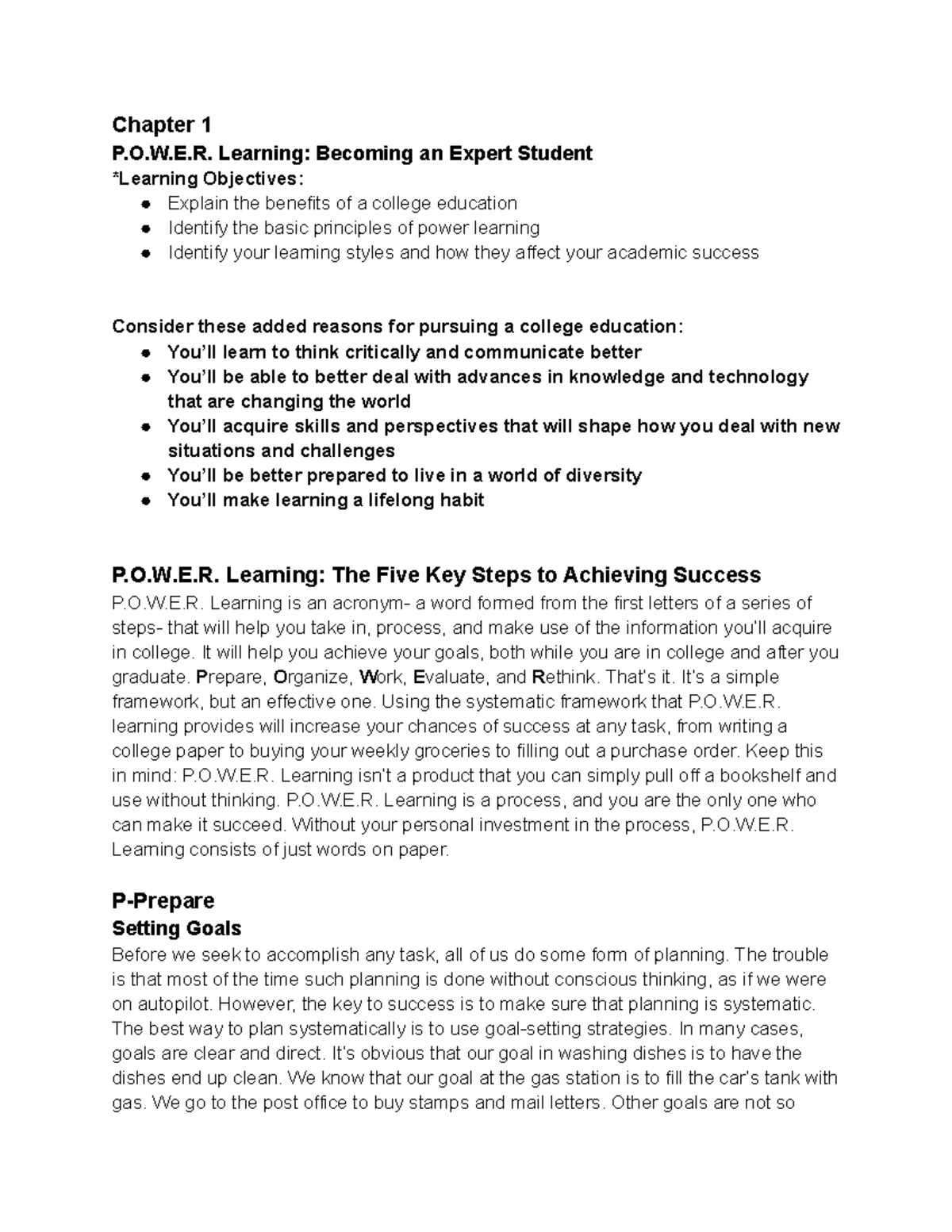 Chapter 1: Exploring P.O.W.E.R. Learning Framework for Success - Studocu