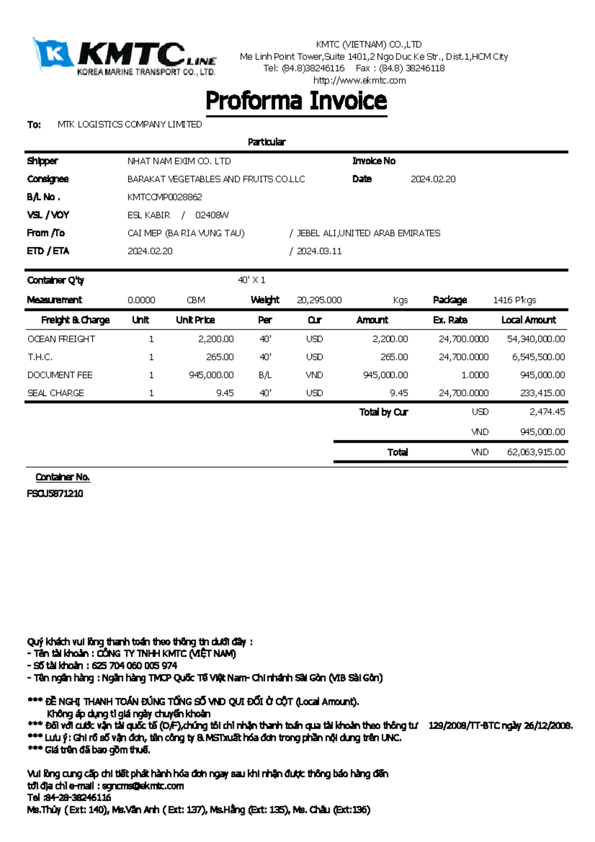 Kmtccmp 0028862 Invoice - KMTC (VIETNAM) CO.,LTD Me Linh Point Tower ...