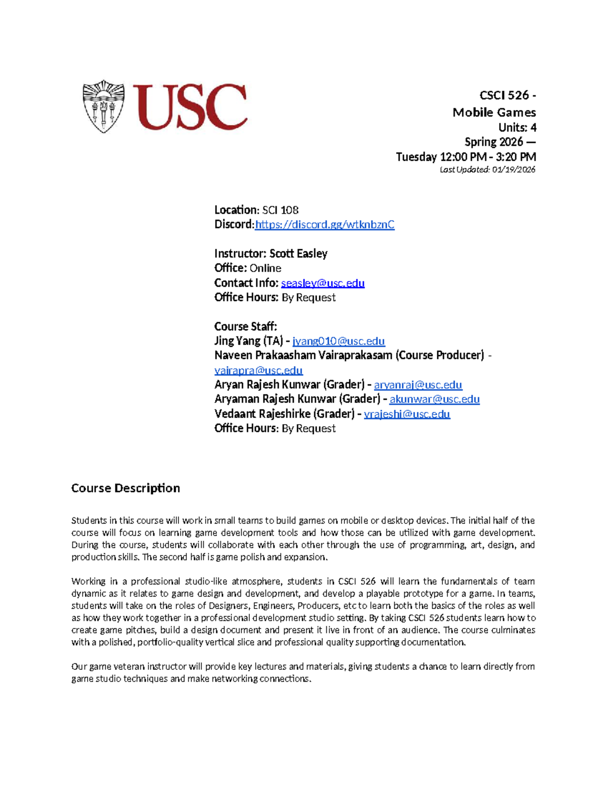 Spring 2026 CSCI 526 Mobile Games Course Syllabus and Schedule - Studocu