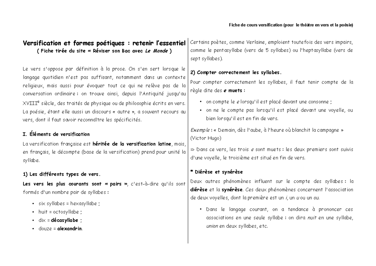 Fiche de Versification : Fondamentaux à Retenir pour le Bac - Studocu