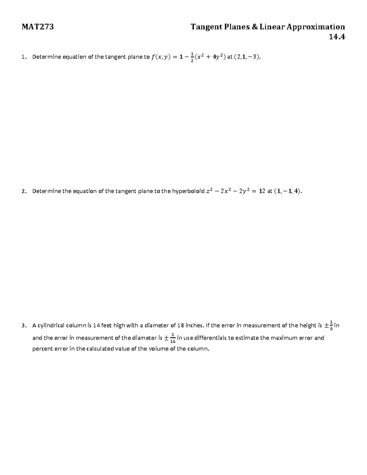 MAT273 Tangent Planes & Linear Approximation Homework Solutions - Studocu