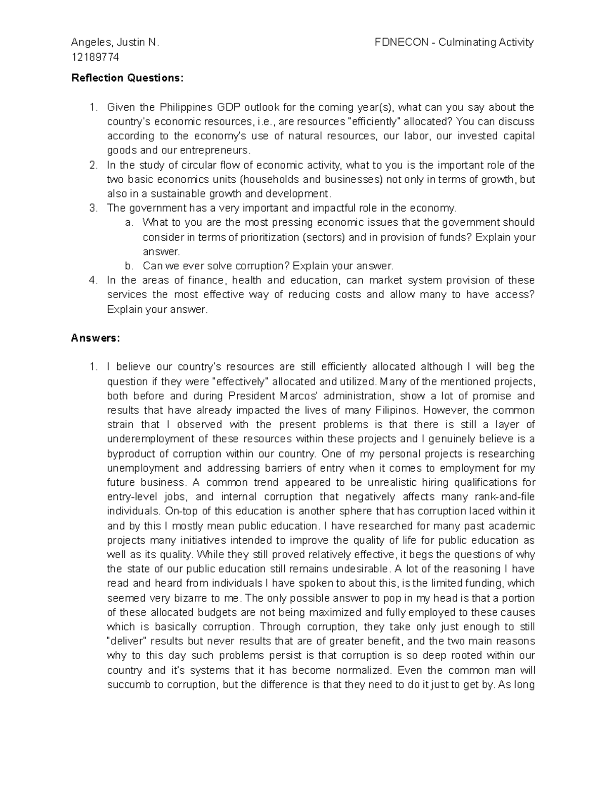 FDNECON 12189774 Culminating Activity Reflection on Economic Issues ...