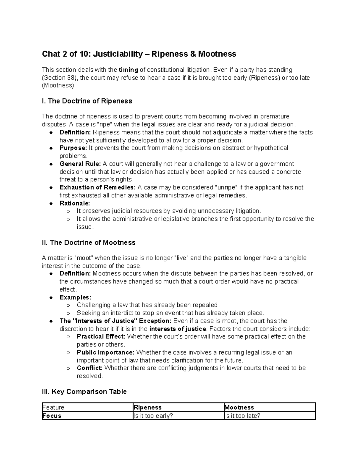 LHUM OPEN BOOK Notes 2: Justiciability, Ripeness & Mootness - Studocu
