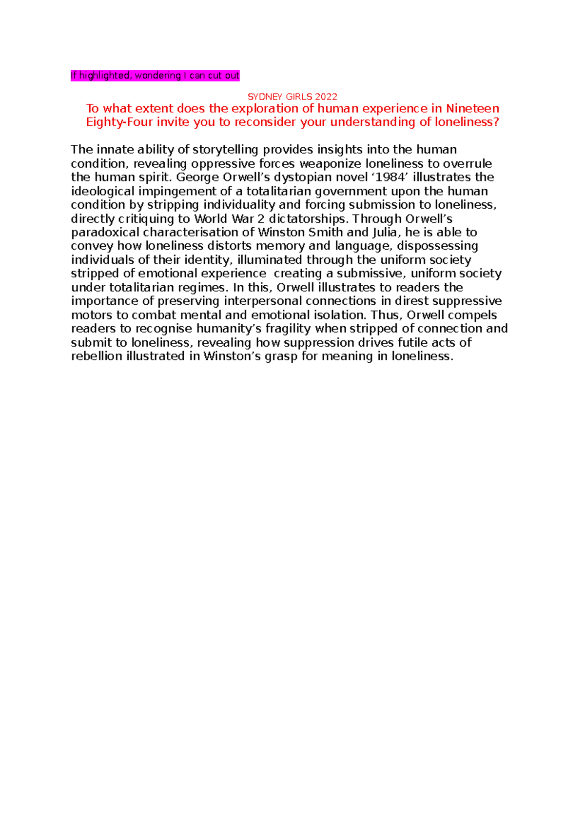 Common Module - 1984 HSC Essay: Exploring Loneliness in Orwell's ...